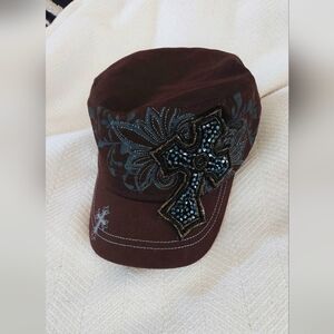 Y2K Embellished Brown Cross Cap with Blue Accents